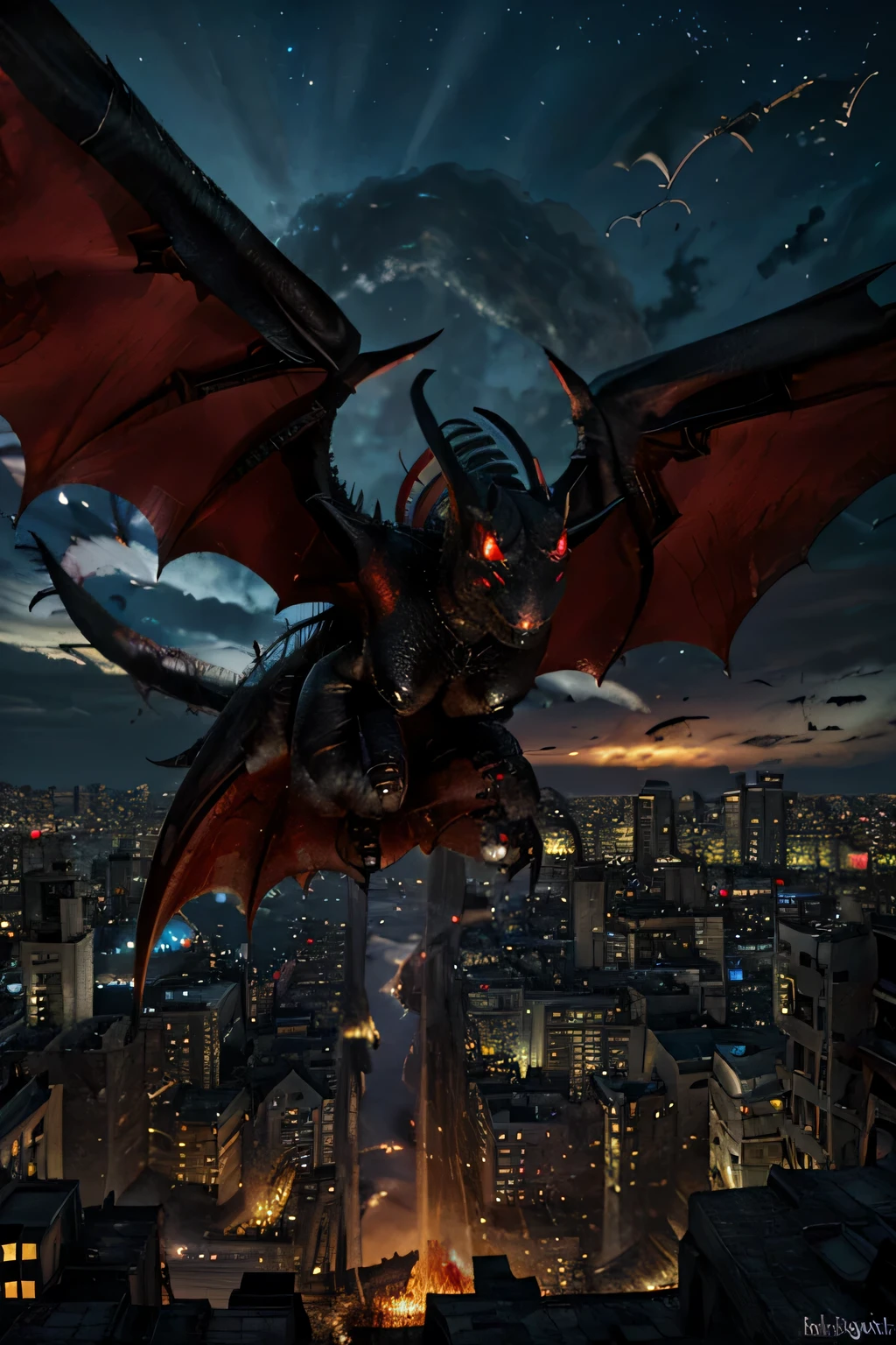 Real red-eyed black dragon，Urban ruins，huge wings，Fly in the air，Two headed，dark night sky