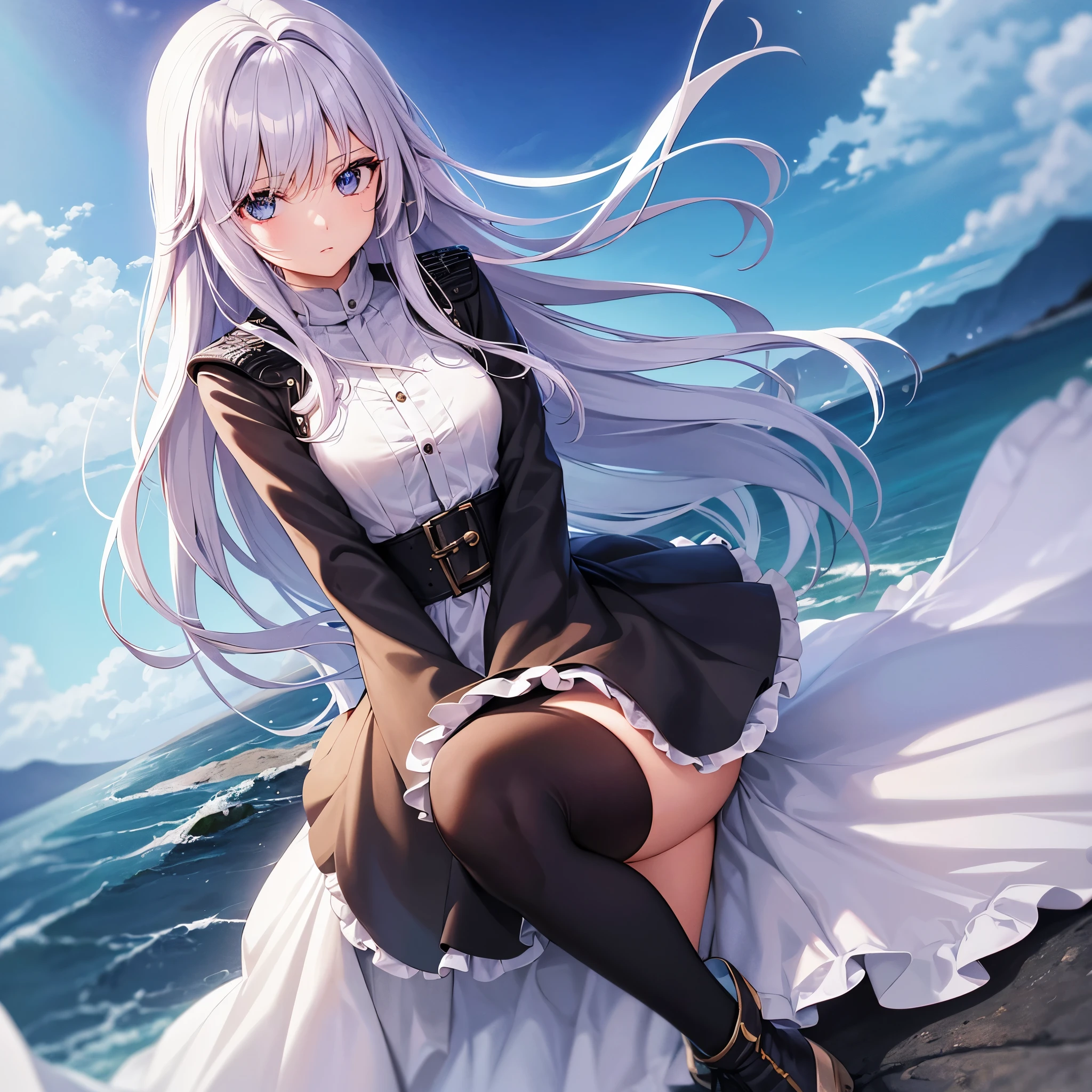 Imagem em estilo manga de uma garota. She has long rainbow hair blowing in the wind. She has a small nose and full lips and blue eyes.. O personagem veste uma camisa de tule preta e uma jaqueta de couro Ela usa saia plissada e botas militares de couro. Your pose conveys confidence and a serious expression on your face. She is sitting on a rock at the top of a mountain looking at the screen. O fundo possui nuvens coloridas que misturam as cores do seu cabelo, but the focus is only on the detailed image of the character.