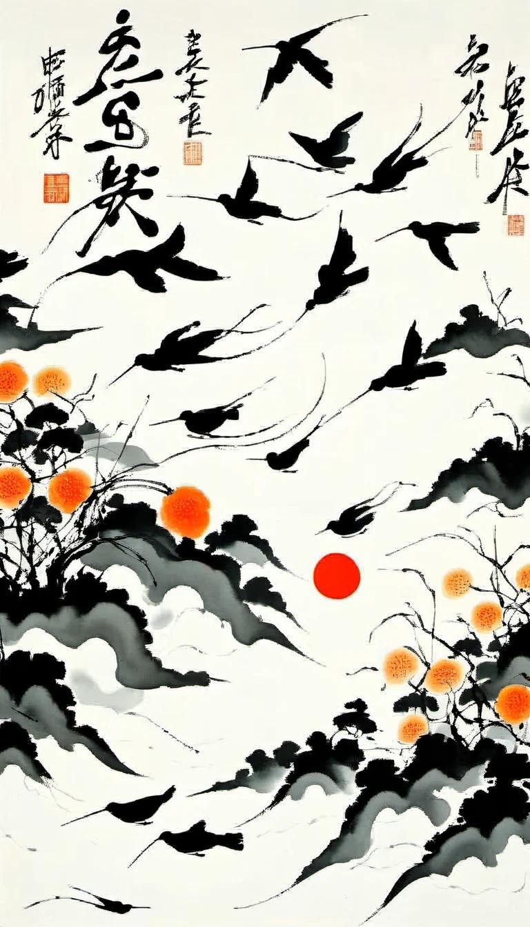 (abstract ink painting:1.5)，author:Wu Guanzhong,author:Wu Guanzhong，Wu Guanzhong的艺术风格，The fusion of Chinese ink painting and modernist aesthetics，Simple yet powerful lines and shapes，minimalist