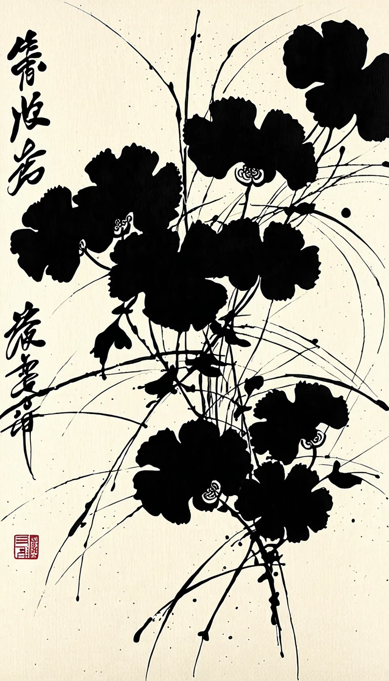 (abstract ink painting:1.5),author:Wu Guanzhong,author:Wu Guanzhong,Wu Guanzhong的艺术风格,The fusion of Chinese ink painting and modernist aesthetics,Simple yet powerful lines and shapes,minimalist,
