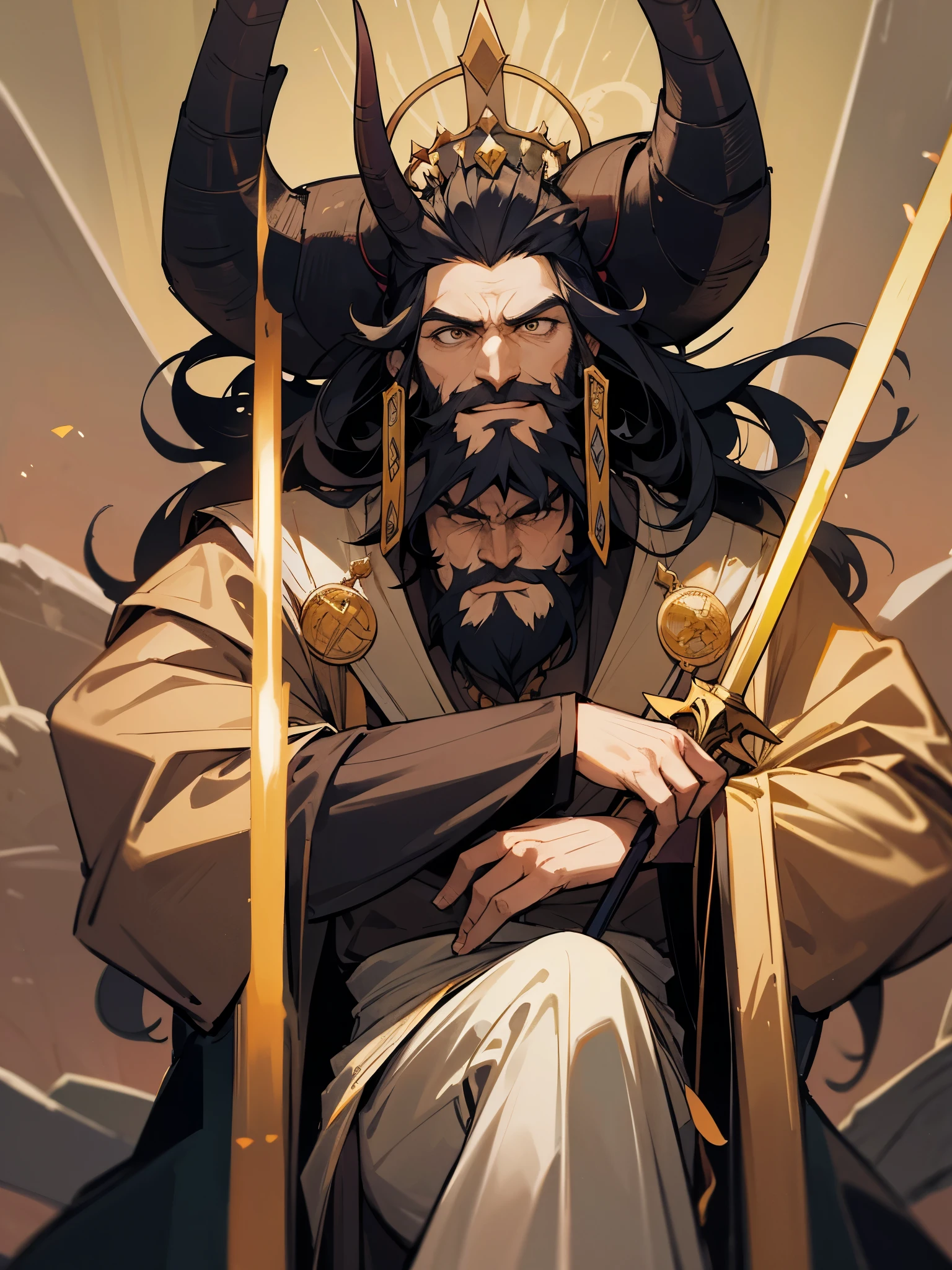 tarot card, the emperor, man, beard, stone throne, crown, scepter, black horns , crazy smile, crazy eyes, arms on lap