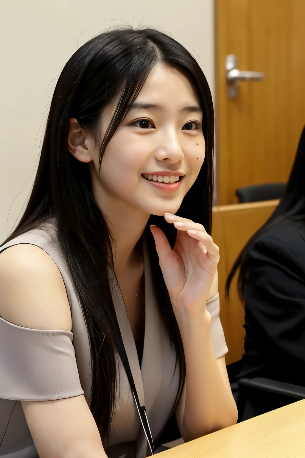 ((highest quality)), ((masterpiece)), (be familiar with), cute, japanese woman, less revealing clothes, long black hair, sitting, look far away, interview, Smiles and speaks with gestures, The background is a simple conference room, Photographed from the chest up, Body direction is slightly forward, The background is empty, Portrait photo