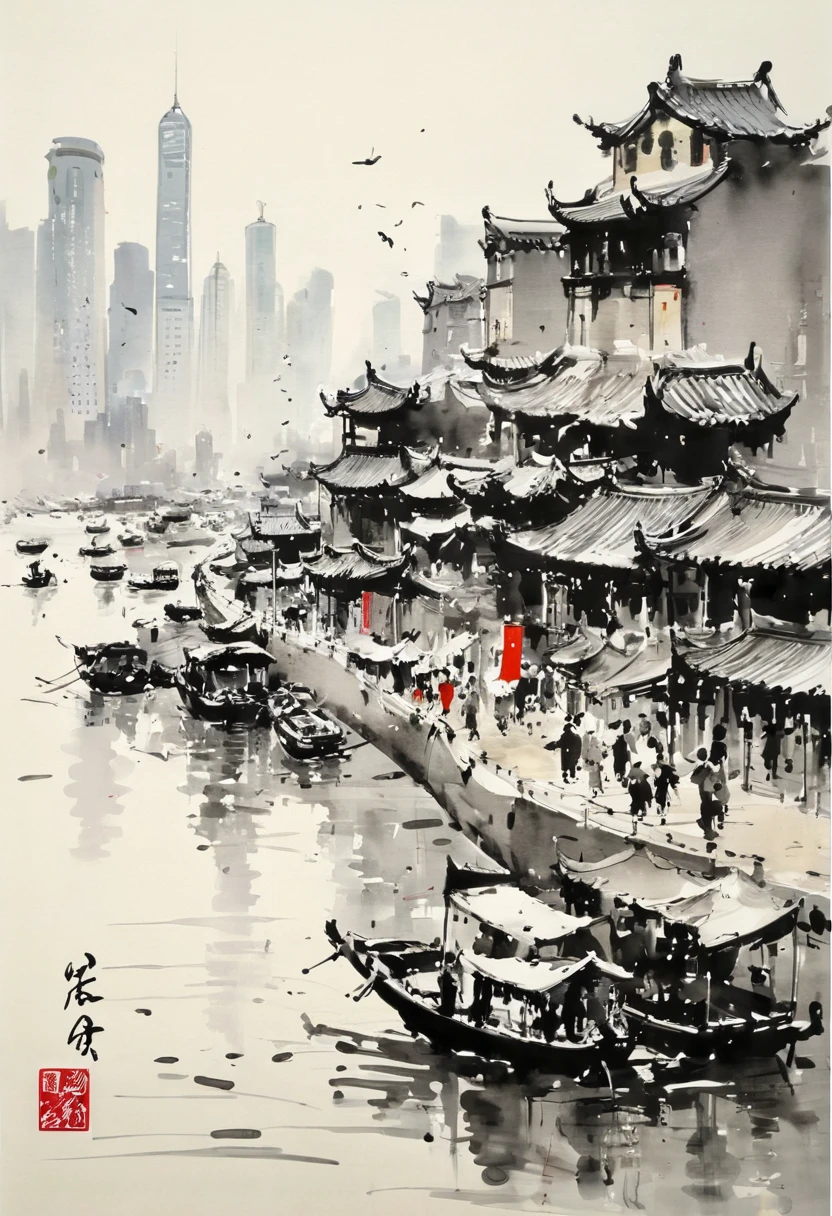 by Wu Guanzhong, ink and wash, shanghai Bund, (best quality, perfect masterpiece, Representative work, official art, Professional, high details, Ultra intricate detailed:1.3)