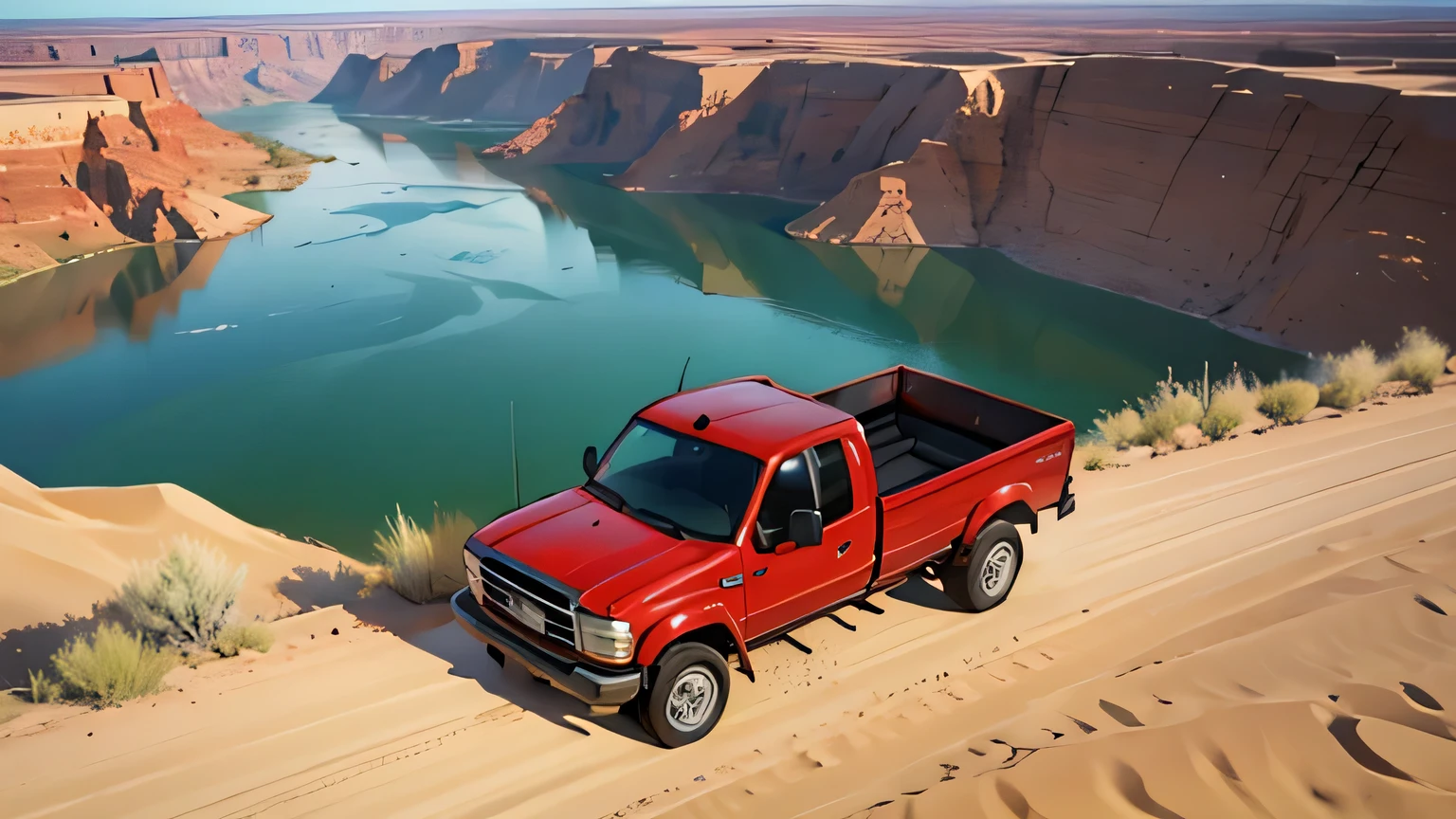 Aerial shot of a red pickup truck driving up a desert road, there is a large lake in the distance. There is a lake