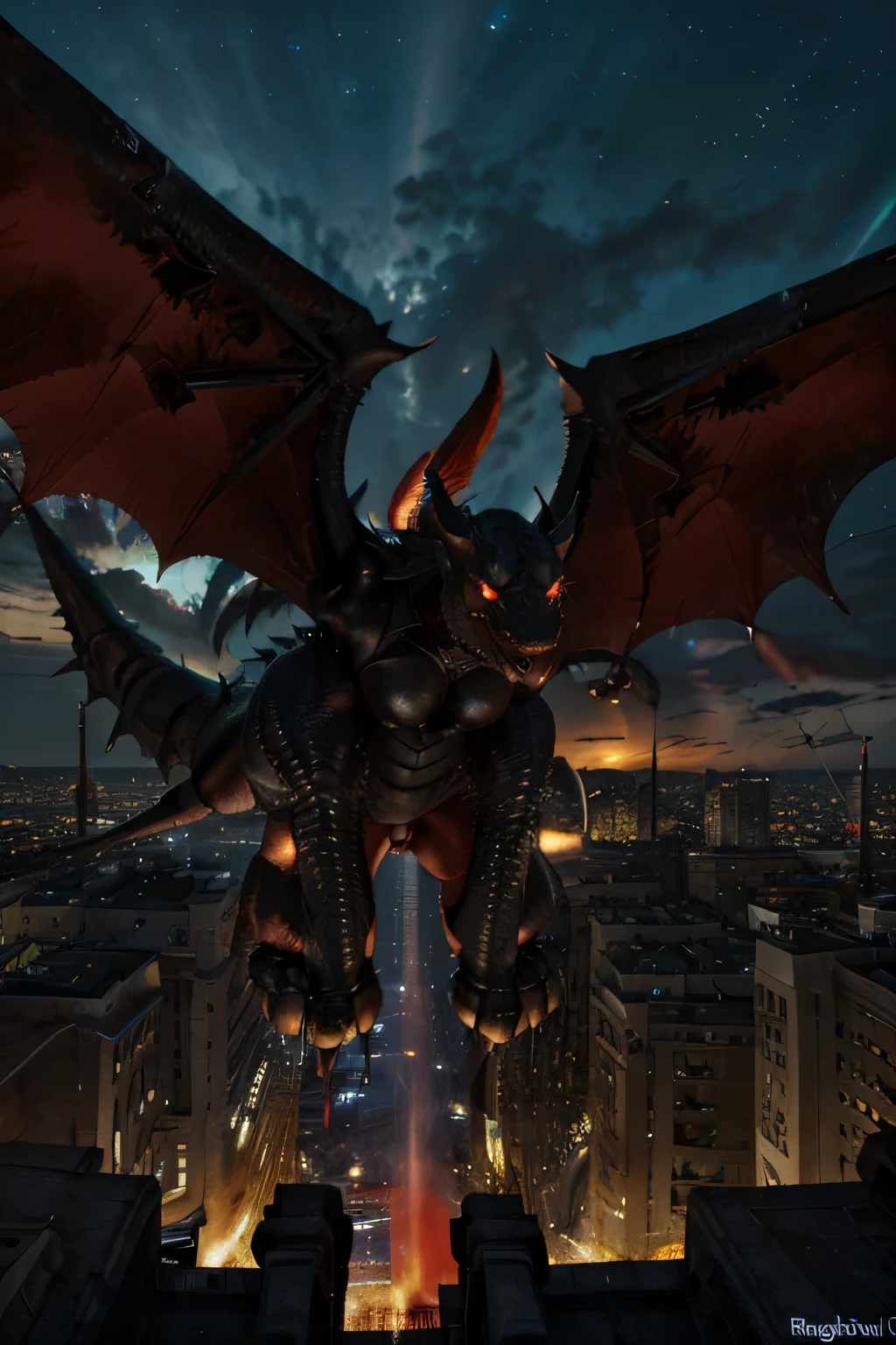 Real red-eyed black dragon，city ruins，huge wings，Fly in the air，There are two heads，dark night sky，dragon arm，Strong body shape，Symmetry angle，spit light