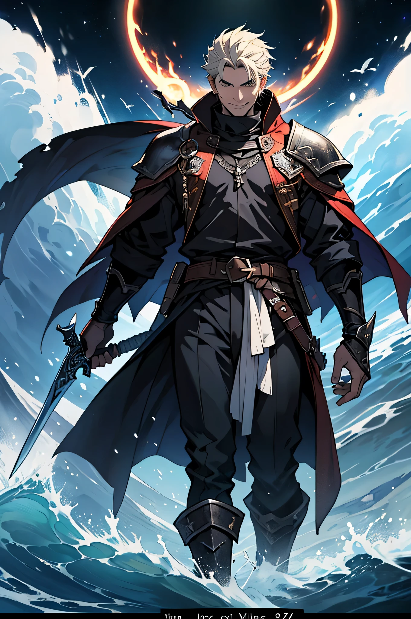 Cover of the novel: a man who looks to be 25 years old stands on a razor field with a grin and waves a sword and magic in his hand, dressed in a demon hunter costume, and his smile suppresses the surrounding space with its aura. Anime style Novel title "37 times stronger". No characters. long shot
