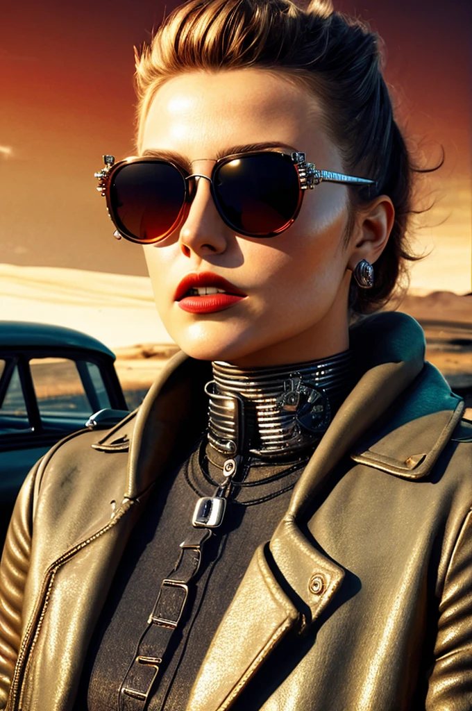 faithful image of an old rusty 1955 cadilac eldorado with spikes and spikes on the hood, military style with modifications, carro steampunk, dramatic art, estilo de arte dieselpunk, apocalyptic road warrior vibe, uma garota (margot robbie) wearing sunglasses is inside the car, the girl's face is dirty with grease, arte digital surrealista, Mad Max inspirado, heavy metallic artwork, simetria da face cromada, arte steampunk digital, no estilo Mad Max, metallic art, not art style by Filip Hodas, arte digital steampunk, dieselpunk, em um mundo hightech