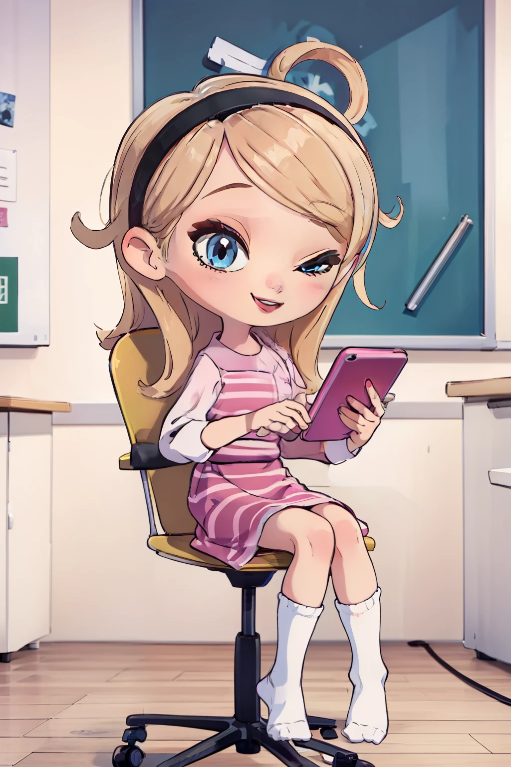 masterpiece, best quality, high resolution:1.4), 1girl, solo,full body, beautiful, very young, penny peterson, long blonde hair, hair lit up, glowing hair, hairband, pink dress, blue eyes, red lips, white tube socks, no shoes, cute smile, one eye closed, giggling, happy, spring,Cherry Blossom, classroom window, 1 chair, japanese style, texting, 1pink phone,