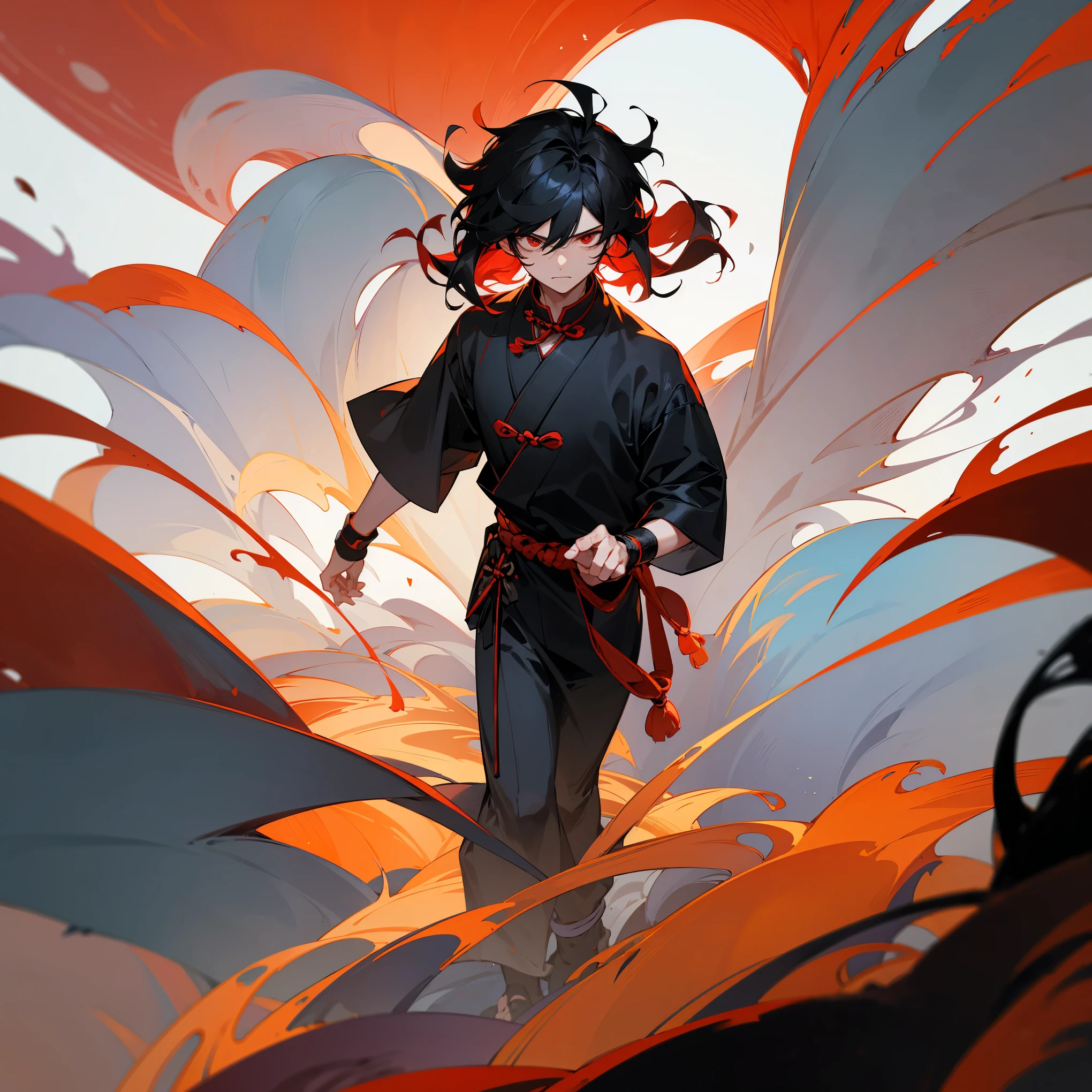 1male , Wavy Hair , Mullet Hairstyle, Black Hair , Red Haori , Black Wristbands , Calm Expression , Red Eyes , Messy Hair , Standing on path , Chinese Feudal city background , Male , Facing Viewer , Muscular , Short Hair