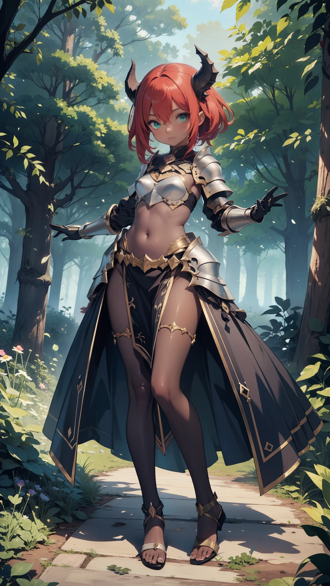 Masterpiece, best quality, full hd 8k, highly detailed, picture perfect, solo, 1 woman, mature, medium breasts, golden eyes, long red hair, mischievous look, mischievous smile, sharp teeth, knight, standing, legs apart , full body, revealing clothing, micro bikini armor, thong, nude armor, plush cape, excessive female pubic hair, hairy pussi,  shoulder armor, shoulder pads, armor heel boots, sabaton, greave, poleyn, tasset, lame, bracers, gauntlet, couter, rerebrace, dor background, nfsw