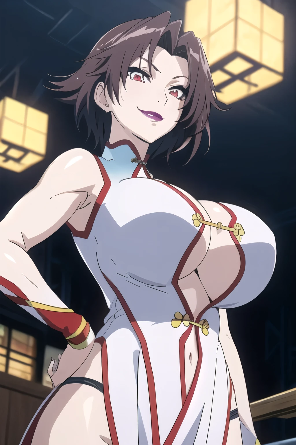 Lee Mayfeng, standing, (3/4 body shot :1.1), mature female, 1girl, anime face, standing, solo, chinese dress, makeup, gigantic breasts, lipstick, red eyes, short hair, brown hair, underboob, cleavage, perfect body, (athletic body:1.1), perfect eyes, anime eyes, smoky eyeliner, eyeshadow, perfect face, smiling, sharp focus, intricate details, masterpiece painting, professional artwork, (vibrant colors:1.1), vivid colors, Diffused lighting, digital blending, ultra detailed body, ultra detail hair, ultra detail face, trending on pixiv, by Kagami Hirotaka, , posing, night_sky, city lights, indoors, luxury office