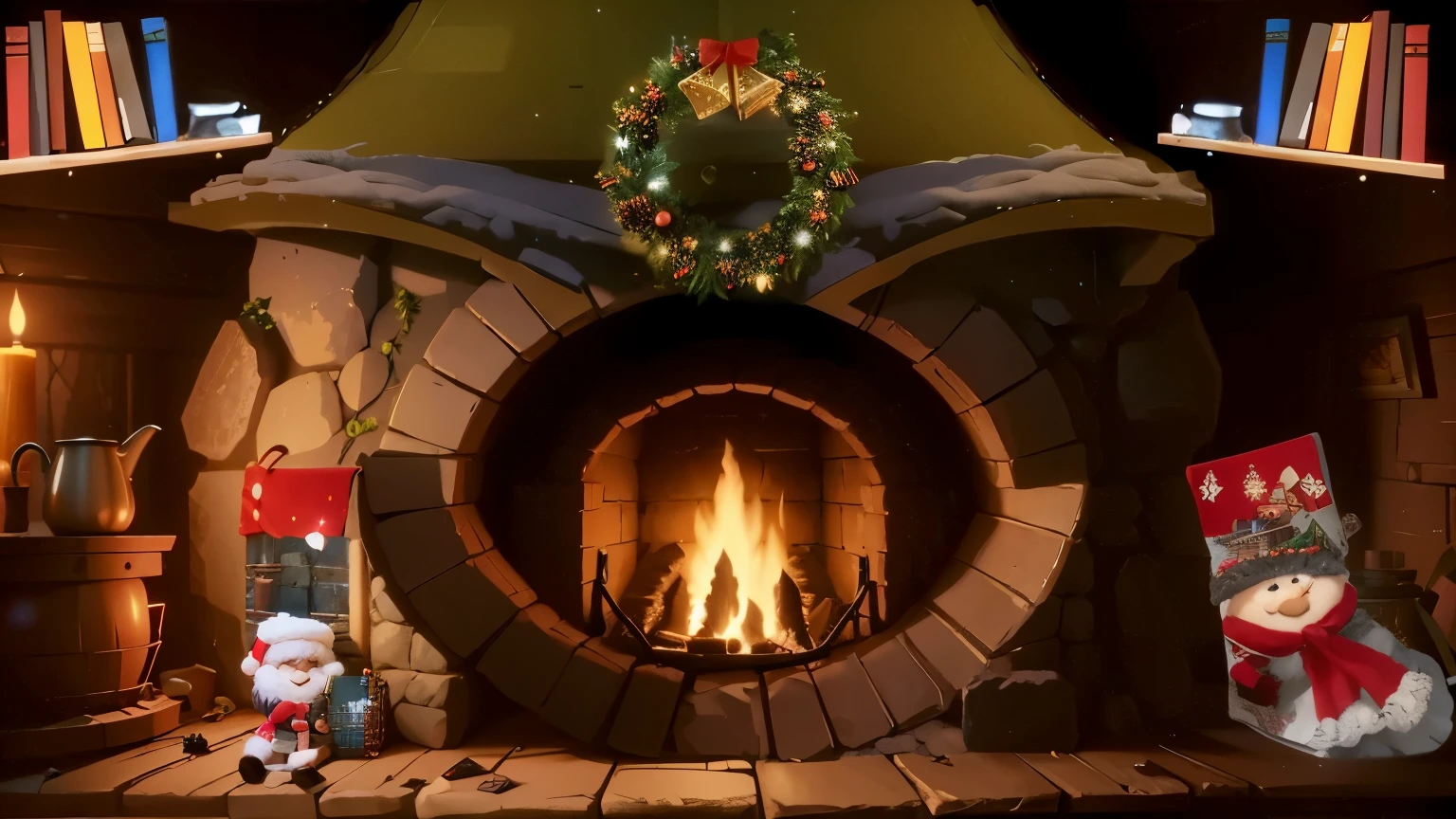 fireplace with christmas decorations and books on shelves in a room, in fantasy tavern near fireplace, elves house, irori fireplace, santa's workshop, cosy fireplace, pc screenshot, screenshot from the game, rendered in the unreal engine, rendered in unrealengine, rendered in unreal 5, cosy enchanted scene, made with unreal engine, polycount contest winner, christmas night