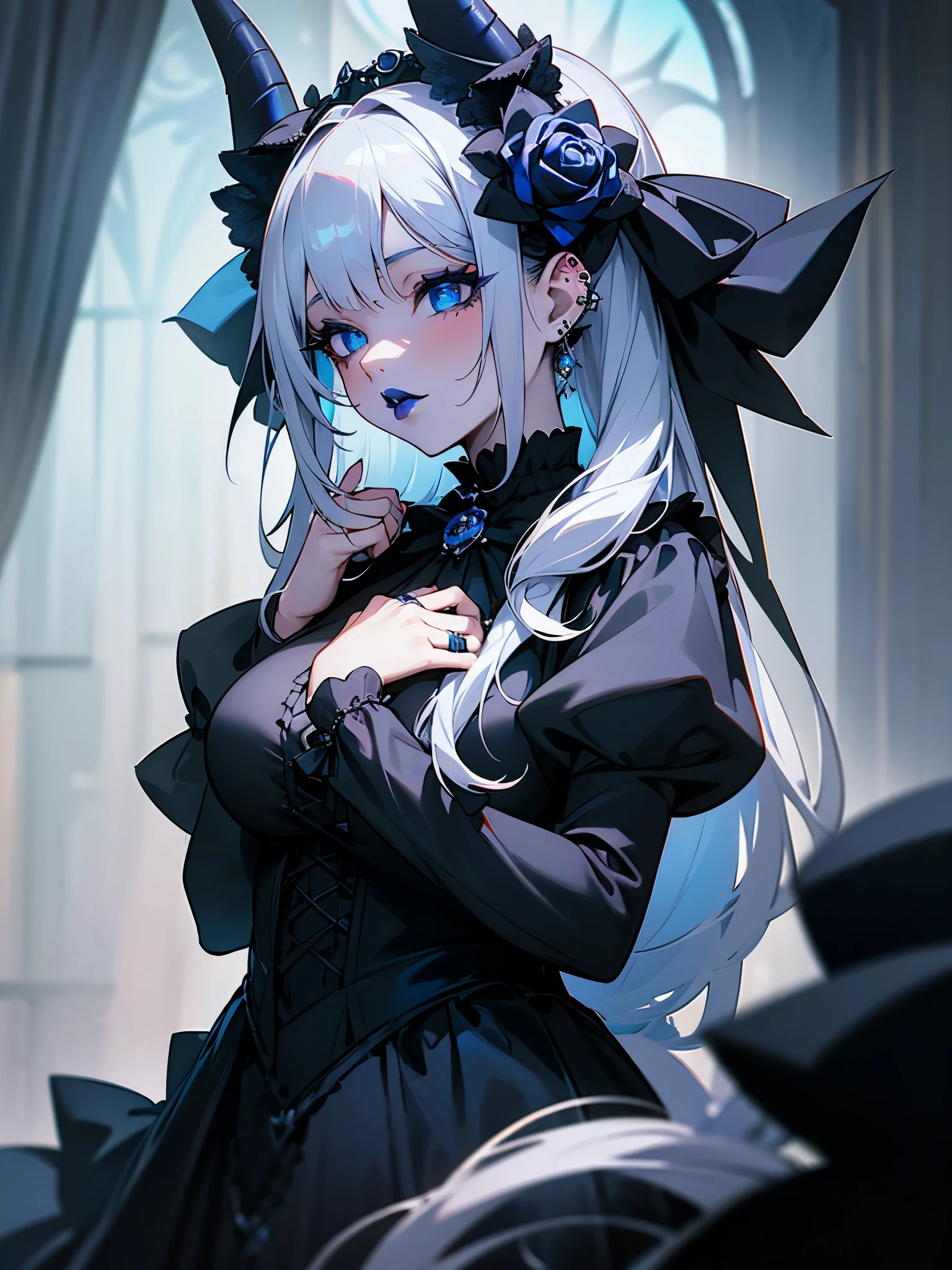 a woman in black Wedding dress and goth hair, with piercings, 1girl, solo, long hair, ring, silver hair, Gothic ta, ((blue lips)), blue eyes, blue rose, blue horns