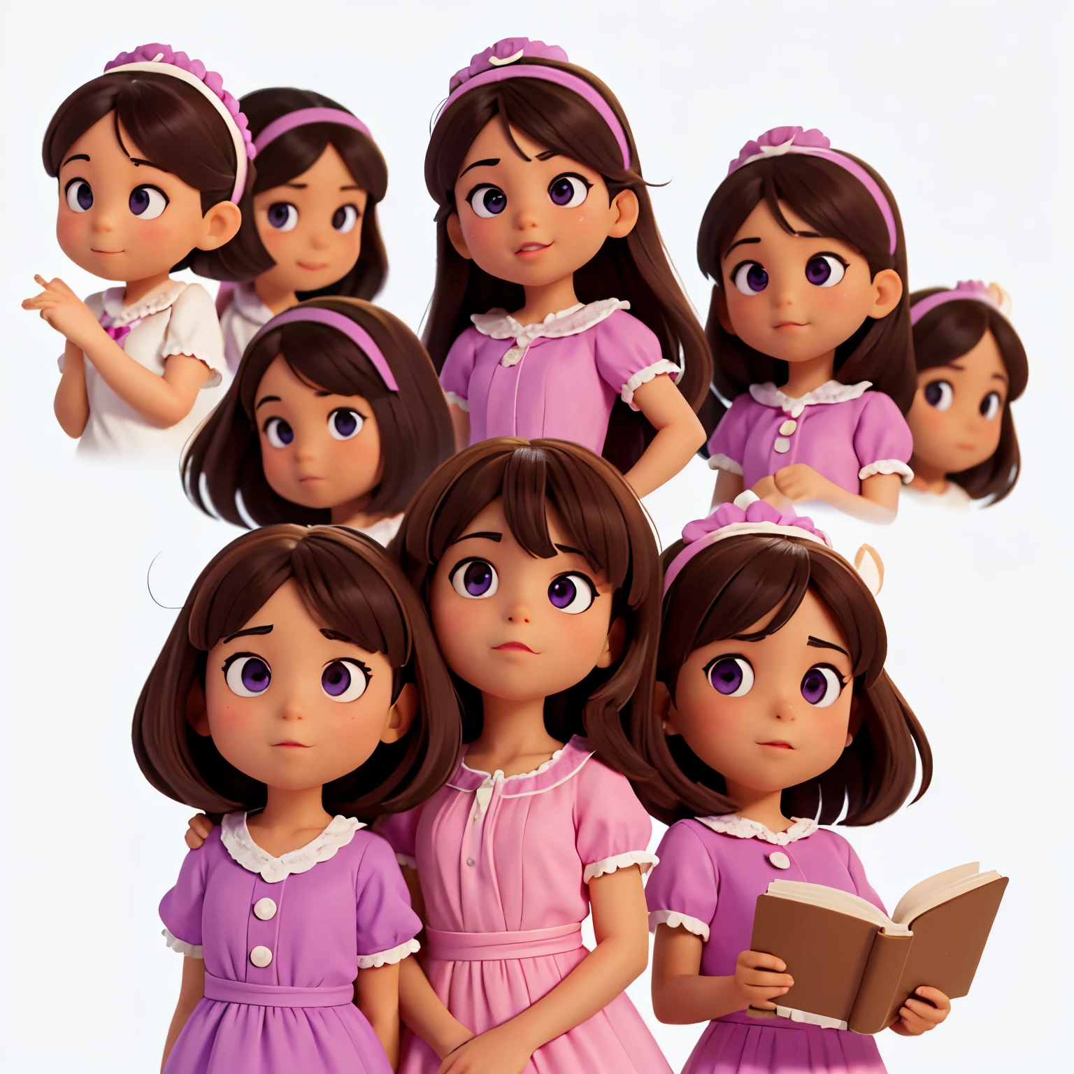 morena, 6 anos, Various poses and expressions on a white background, in the style of a simple book illustration , com cabelos cacheados, dimples in your cheeks, Eyes are dark, with a lilac flower dress