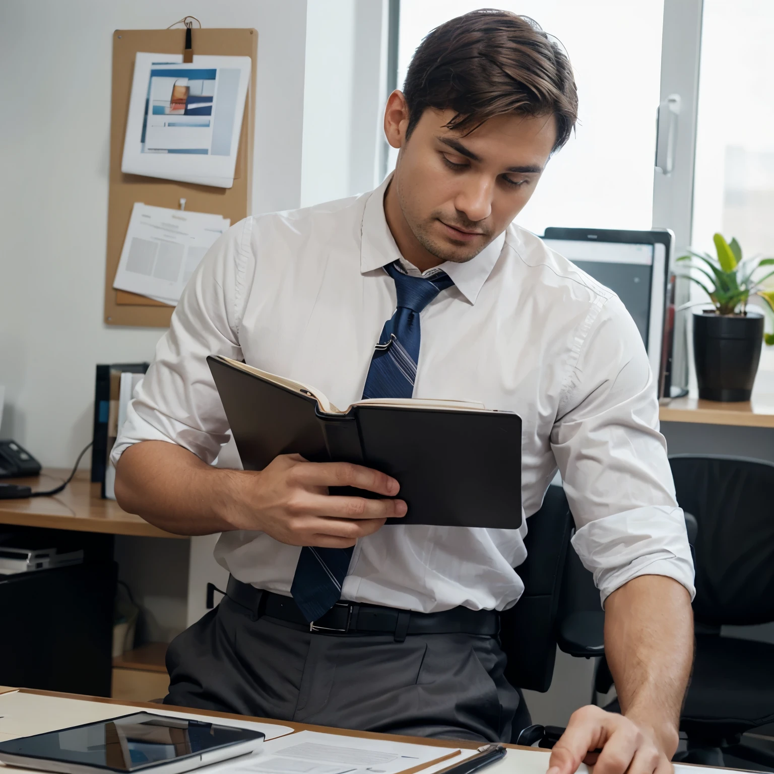 Create a photo of a man in your office making a lot of sales on your notebook.