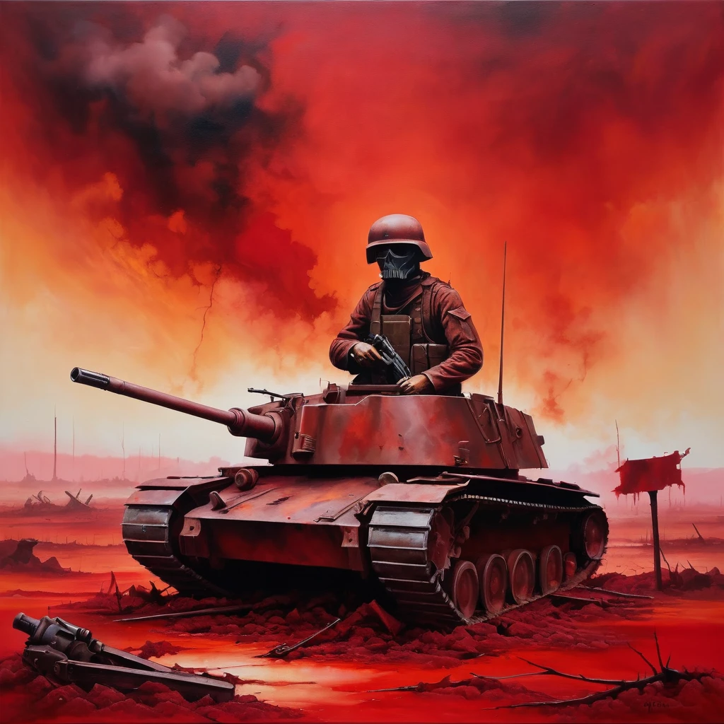 Evoking the essence of Metallica's "One," visualize a lone figure, a wounded soldier in a desolate battlefield, surrounded by remnants of war machinery, under a blood-red sky tinged with smoke and despair, focusing on the soldier's weary yet determined expression, a surreal painting with abstract elements, acrylic on canvas