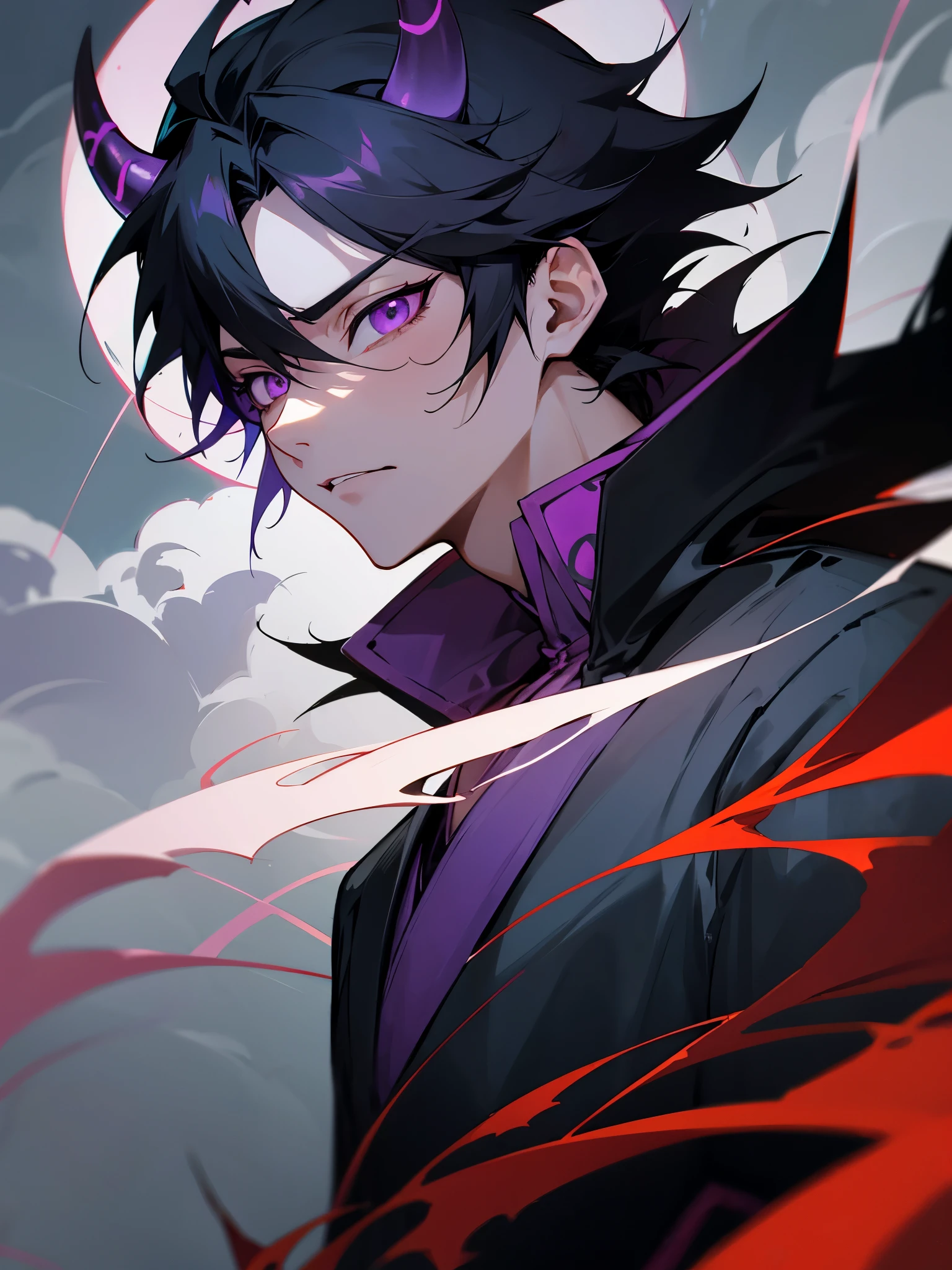 anime guy with black hair and purple eyes standing in front of a cloudy sky, trigger anime artstyle, handsome guy in demon slayer art, inspired by Okumura Masanobu, the former demon king, gapmoe yandere grimdark, dark. no text, he's very menacing and evil, menacing look, portrait gapmoe yandere grimdark, god of death, black horns