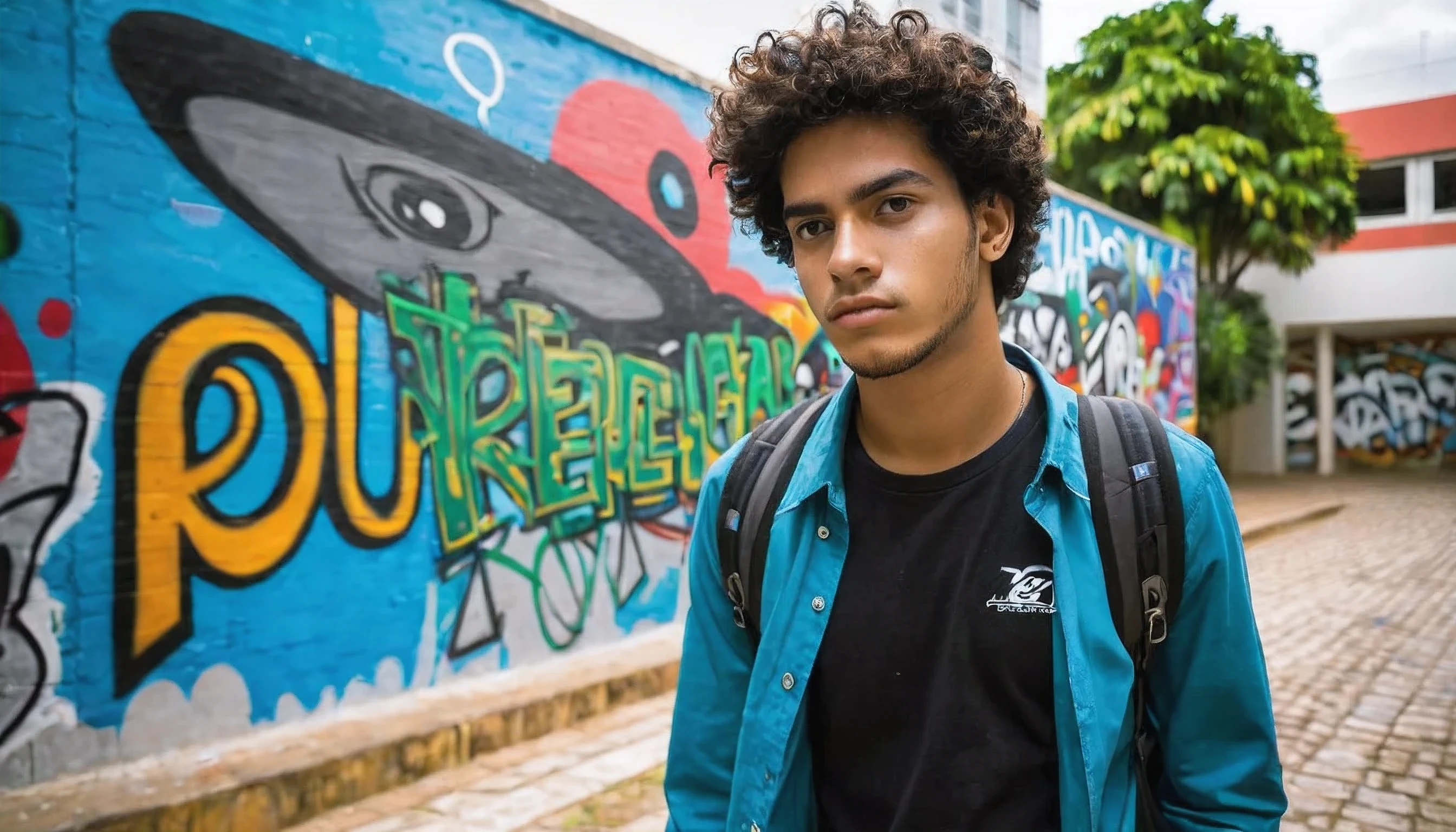 Describe an engaging scene of a 26-year-old Brazilian student walking through a university campus. Ela veste um jaleco azul claro, distintivo de seu curso de enfermagem, and his face shows a determined and concentrated expression. Seus cabelos apresentam mechas coloridas, adicionando um toque de individualidade ao seu visual. As you go, a trail of modern paintings and graffiti appears behind her, portraying the diversity and vitality of the academic environment. Essas obras de arte expressam a riqueza cultural, intellectual and social that permeates the university community, creating an inspiring and dynamic scenery around you.