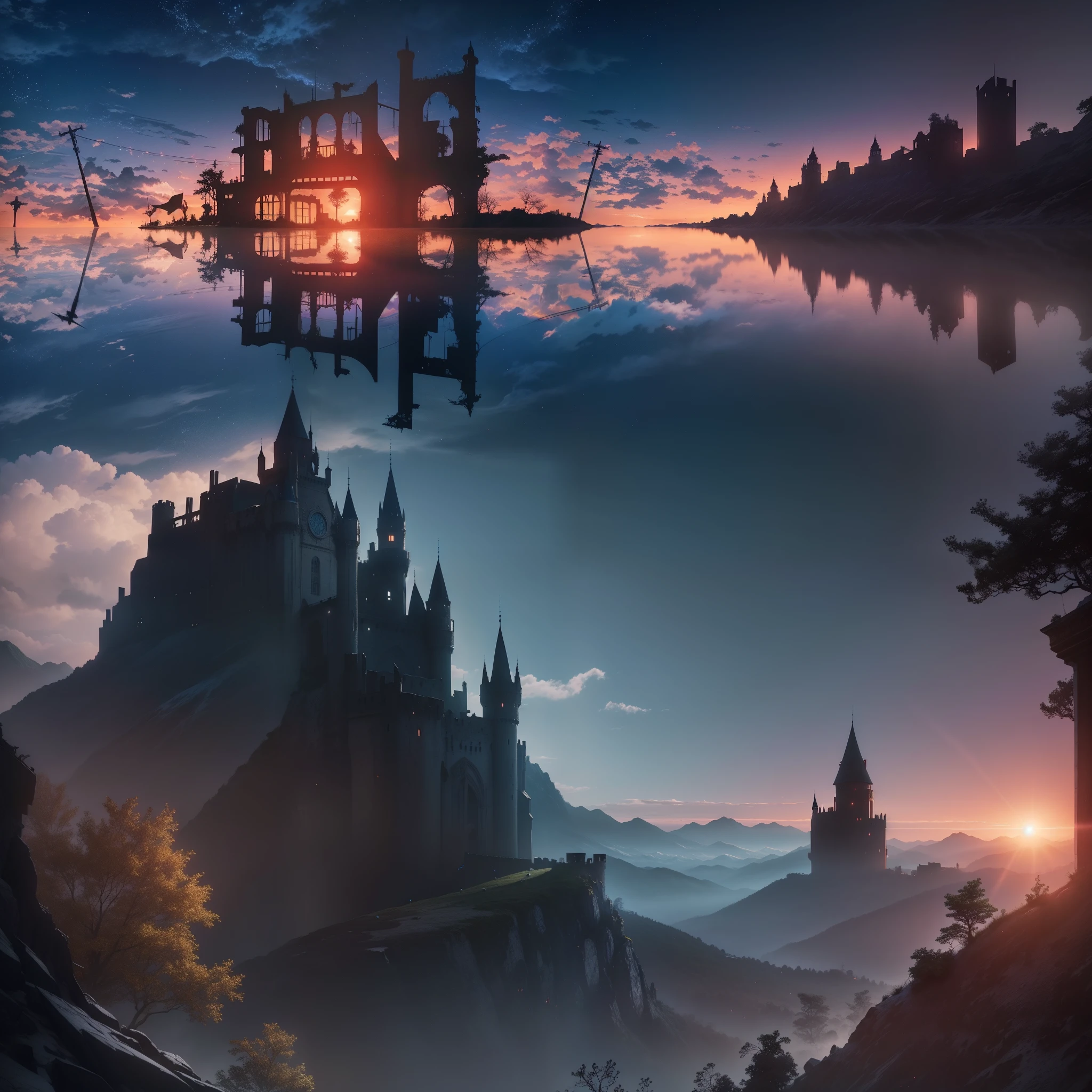 anime scenery of a castle with a sunset in the background, abandoned castle in the sky, beautiful render of a fairytale, shadowy castle background, dark ruins landscape, scary magical background, stuning fantasy 3 d render, ruins on the background, epic dreamlike fantasy landscape, palace floating in the sky, ethereal starlit city at sunset, abandoned ruins landscape