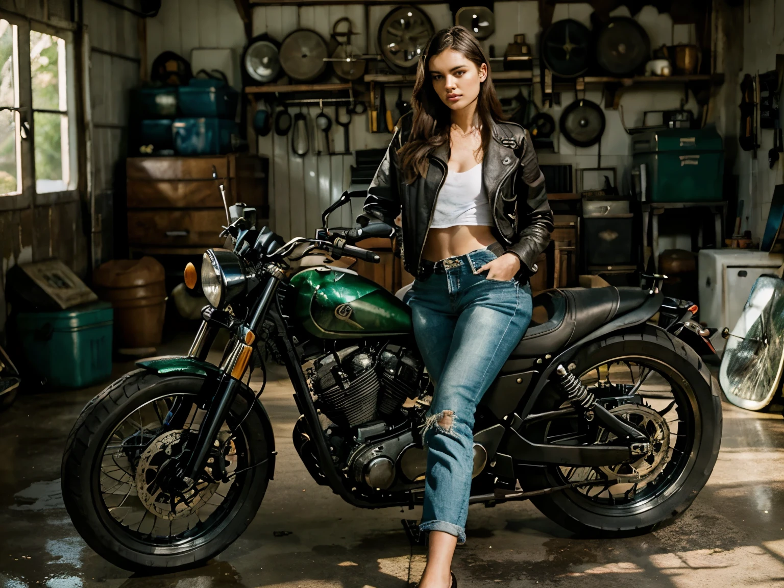 beautiful girl,next to a motorcycle,inside a vintage garage,(best quality,highres),drenched in soft warm sunlight,lush green plants hanging from the ceiling,gritty and rustic mural on the walls, reflection of the motorbike on the glossy floor,stylish leather jacket and ripped jeans,exquisite details on the motorcycle,shadows creating depth and contrast,vibrant colors,moody and nostalgic atmosphere