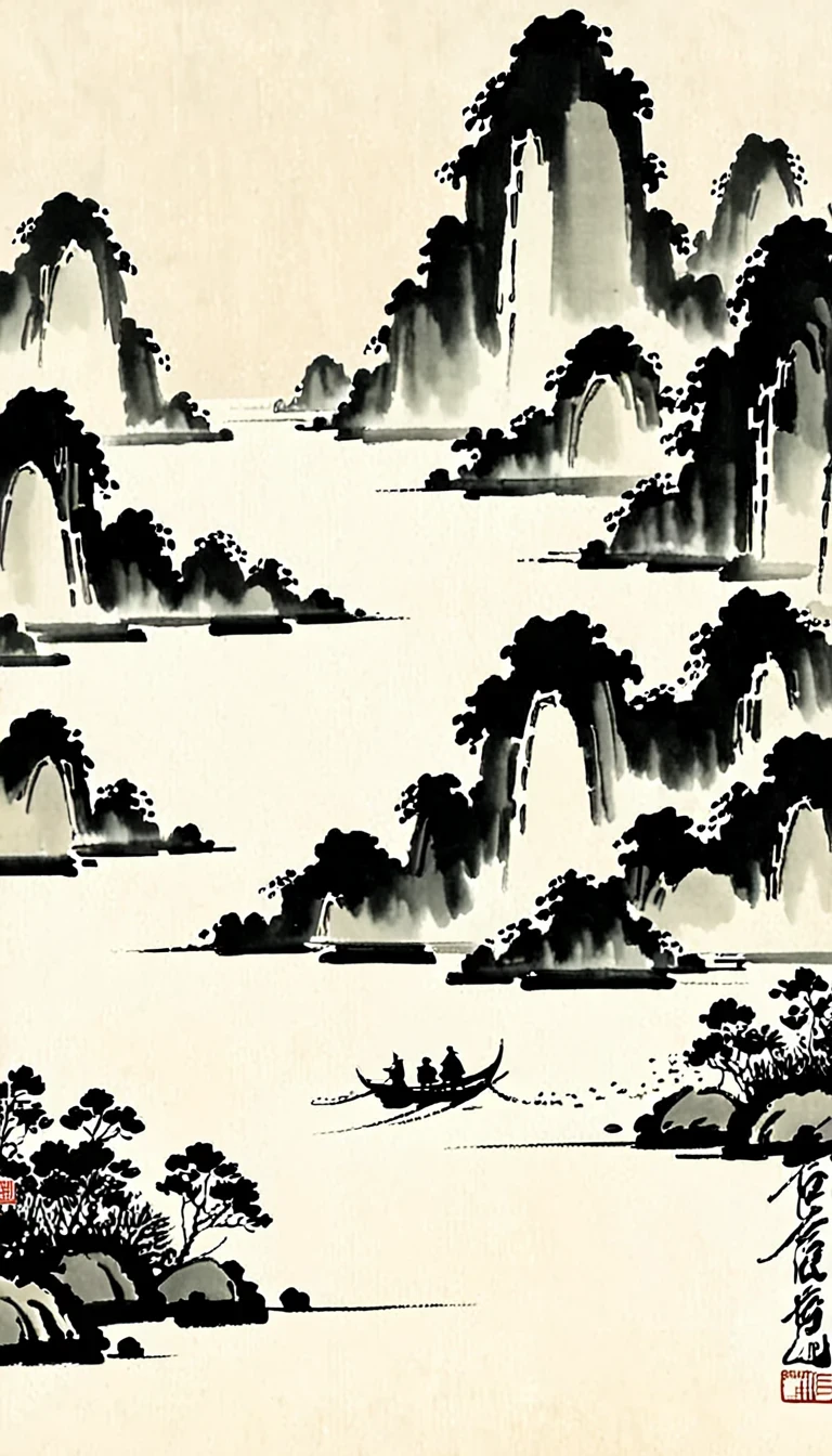 (Abstract主义painting:1.5),author:Wu Guanzhong,author:Wu Guanzhong,Lijiang River mist and rain,Wire,sketch,painting,ink,gongbi,painting,simple,Abstract,sketch,countryside,modernism