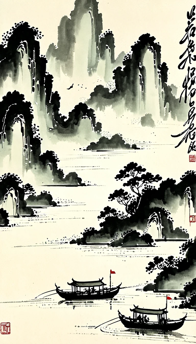 (Abstract主义painting:1.5),author:Wu Guanzhong,author:Wu Guanzhong,Lijiang River mist and rain,Wire,sketch,painting,ink,gongbi,painting,simple,Abstract,sketch,countryside,modernism