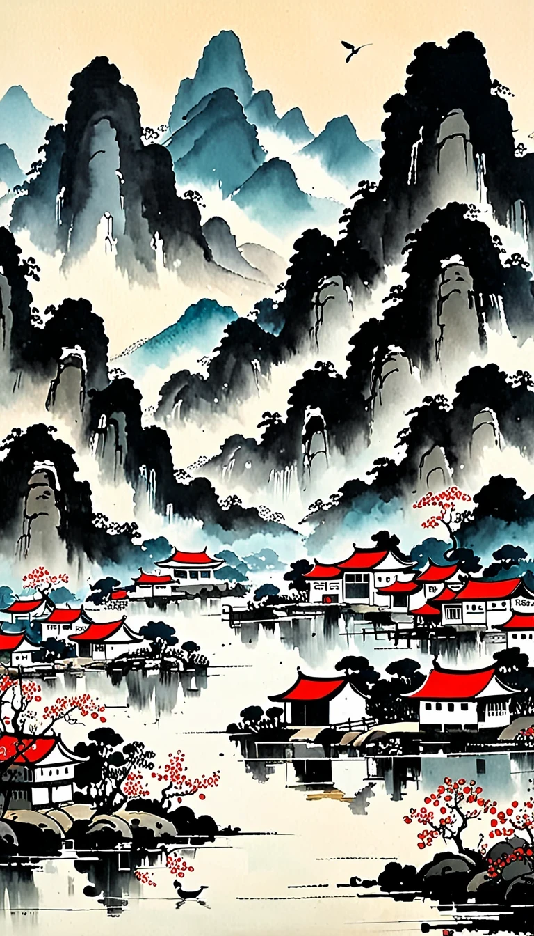 (abstract oil painting:1.5),author:Wu Guanzhong,author:Wu Guanzhong,mountain village