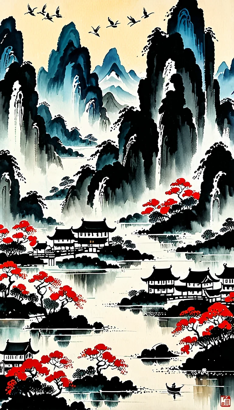 (abstract oil painting:1.5),author:Wu Guanzhong,author:Wu Guanzhong,mountain village