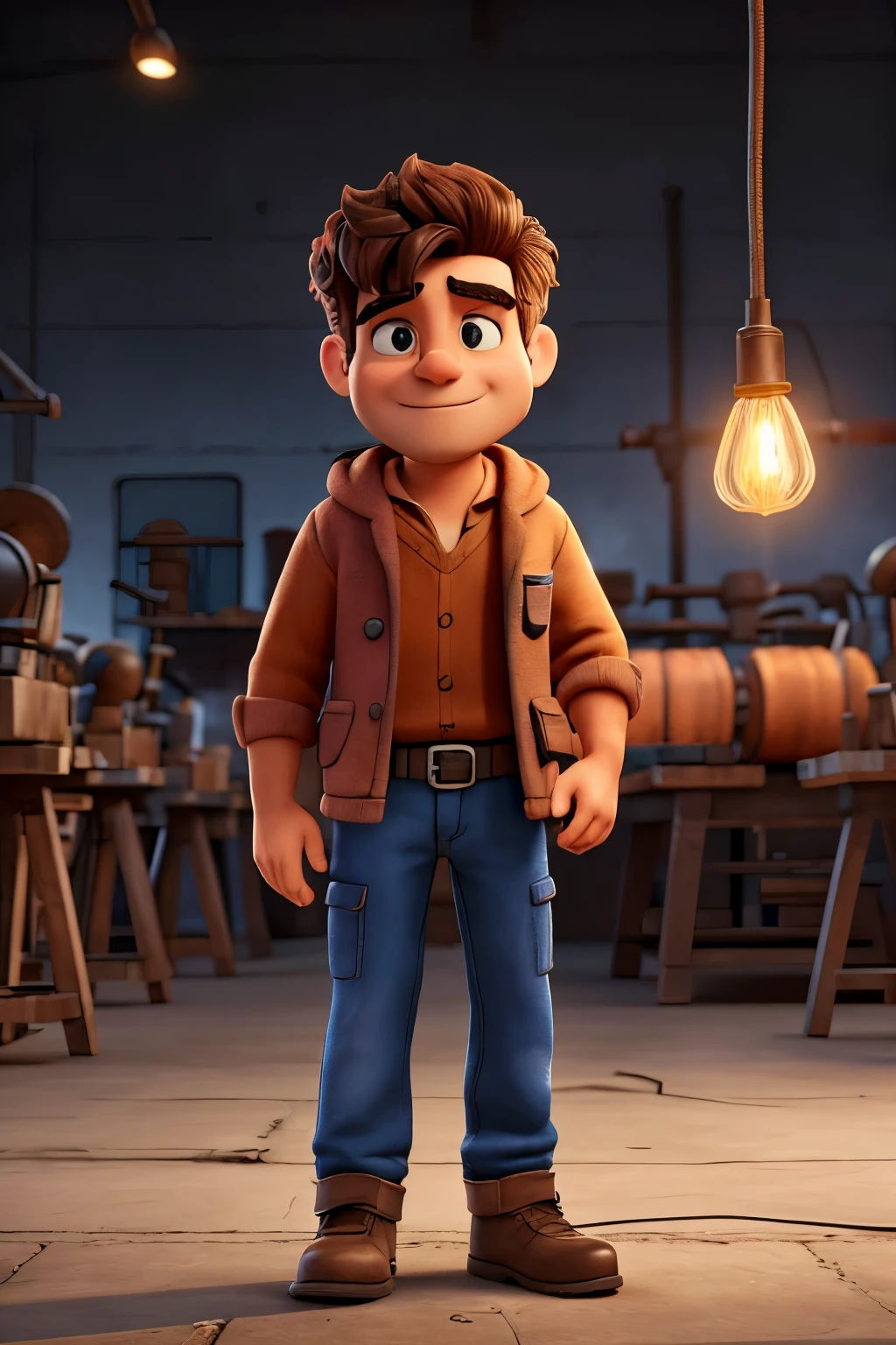 Um homem trabalhador tridimensional, dressed in rough and sultry clothing, is standing and performing his tasks in the manufacturing area. Your eyes are focused in front, and hands work tirelessly. The bright light of the lamp illuminates him, highlighting it against the gloomy background of the factory. The sound of irons heating and machines running harmonizes with the noise of his voice giving silent instructions to other workers..