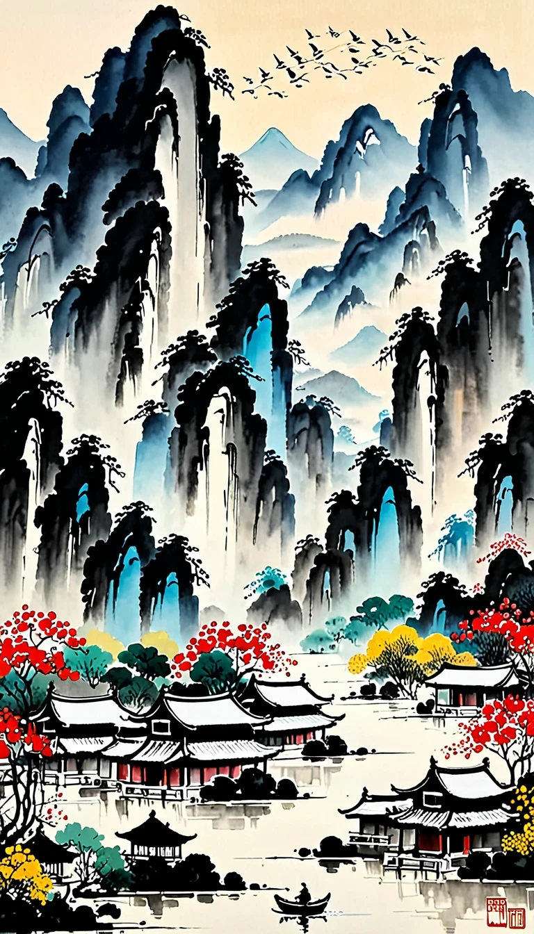 (abstract oil painting:1.5),author:Wu Guanzhong,author:Wu Guanzhong,mountain village