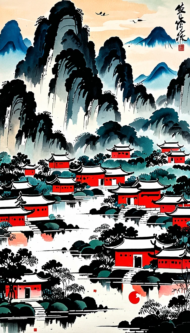 (abstract oil painting:1.5),author:Wu Guanzhong,author:Wu Guanzhong,mountain village