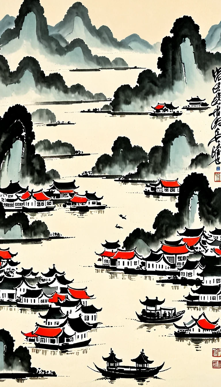 (abstract oil painting:1.5),author:Wu Guanzhong,author:Wu Guanzhong,mountain village