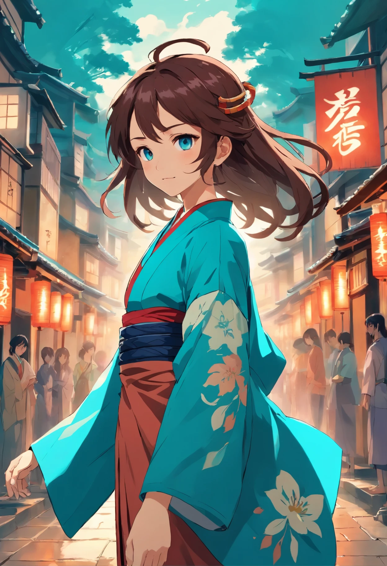Anime Demon Slayer fille démon cheveux long bleu turquoise kimono beige rouge et marron