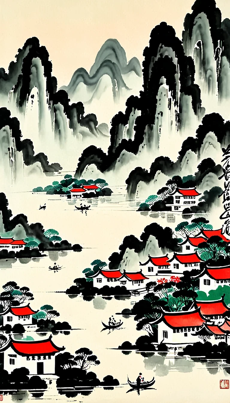 (abstract oil painting:1.5),author:Wu Guanzhong,author:Wu Guanzhong,mountain village