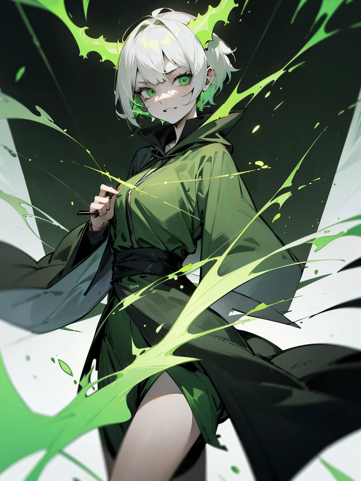 A woman with extremely gray and slightly skin, square face and with an expression of cruel and psychopathic laughter, short pixie-style hair and white, her eyes completely green, wearing long black witch robes with green details and lines, casting green spells, green flames, a backdrop of a destroyed city burning in green fire. Villain aesthetic, conjuring green energy swords, green horns