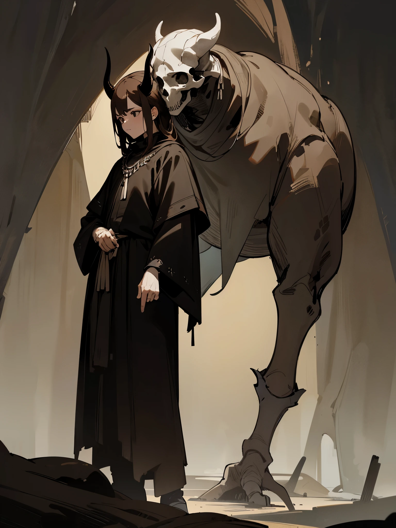 1male, brown hair, black eyes, skull in hand, holding skull, dark clothing, black clothing, (skull clothing), skull on clothing, medieval clothing, dark cave background, detailed background, standing on path, black horns