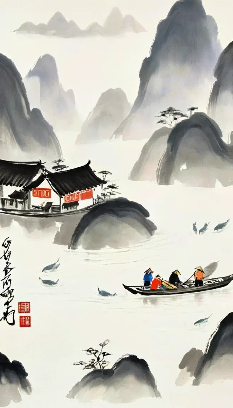 (Abstract主义painting:1.5)，author:Wu Guanzhong,author:Wu Guanzhong，Lijiang River mist and rain，Wire，sketch，painting，ink，gongbi，painting，simple，Abstract，sketch，mountain village，modernism