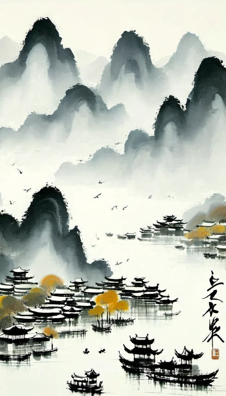 (Abstract主义painting:1.5)，author:Wu Guanzhong,author:Wu Guanzhong，Lijiang River mist and rain，Wire，sketch，painting，ink，gongbi，painting，simple，Abstract，sketch，mountain village，modernism