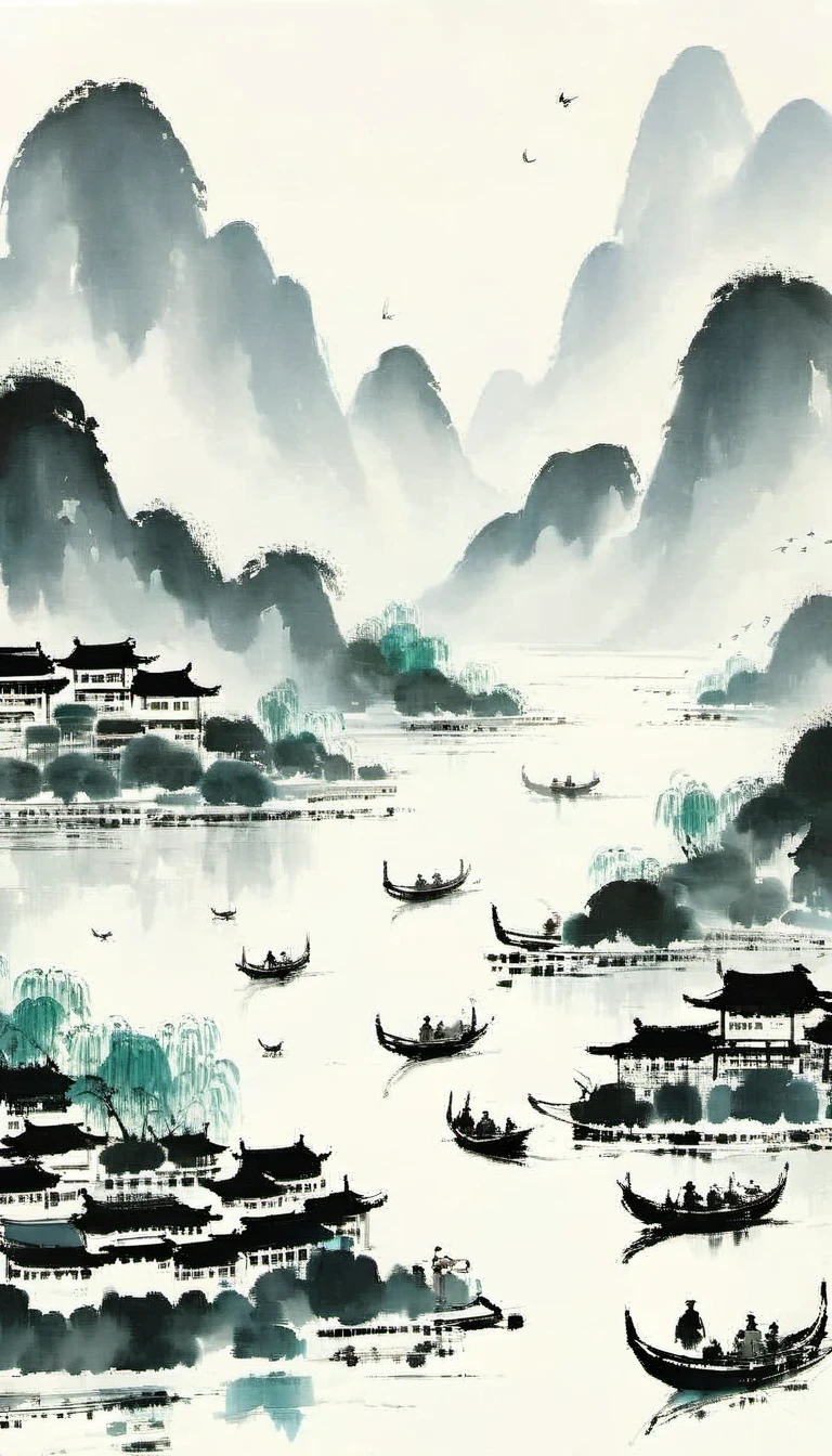 (Abstract主义painting:1.5)，author:Wu Guanzhong,author:Wu Guanzhong，Lijiang River mist and rain，Wire，sketch，painting，ink，gongbi，painting，simple，Abstract，sketch，mountain village，modernism