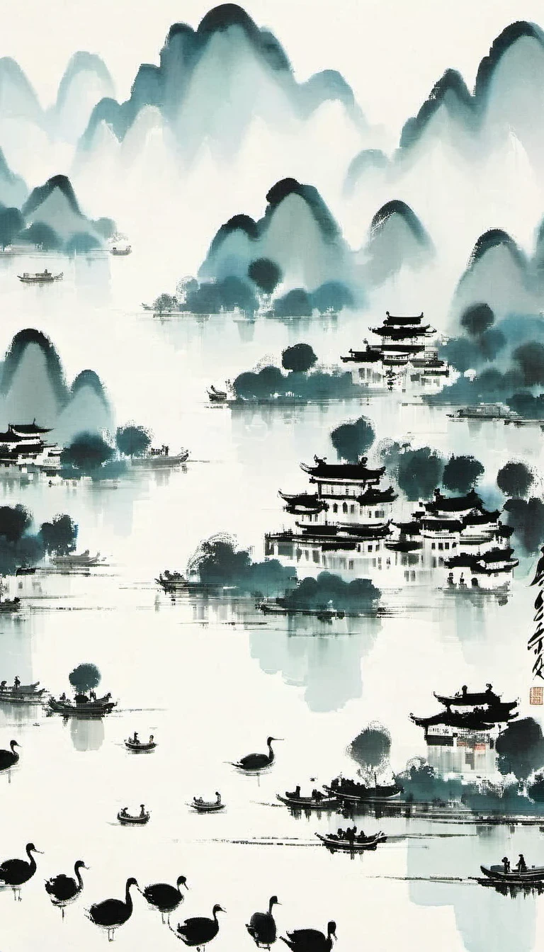 (Abstract主义painting:1.5),author:Wu Guanzhong,author:Wu Guanzhong,Lijiang River mist and rain,Wire,sketch,painting,ink,gongbi,painting,simple,Abstract,sketch,mountain village,modernism