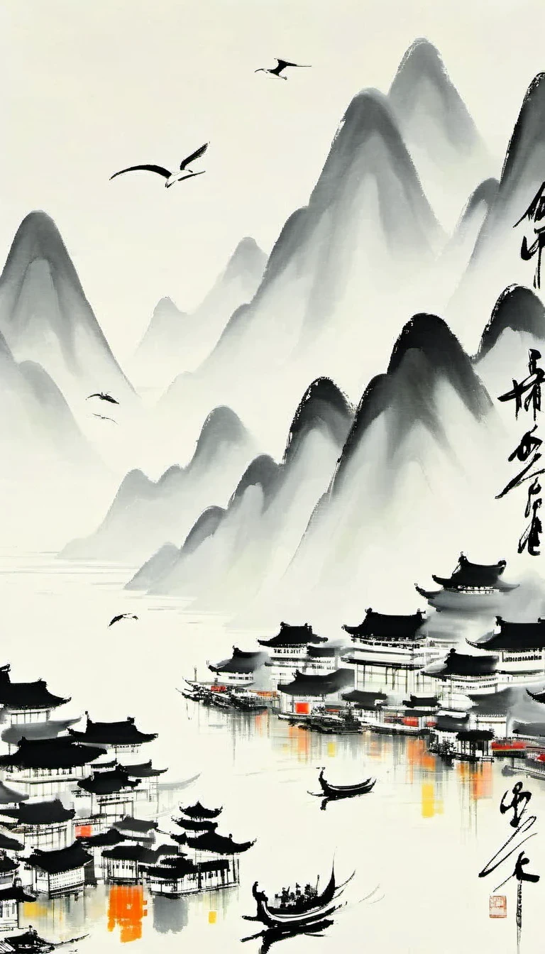 (Abstract主义painting:1.5),author:Wu Guanzhong,author:Wu Guanzhong,Lijiang River mist and rain,Wire,sketch,painting,ink,gongbi,painting,simple,Abstract,sketch,mountain village,modernism