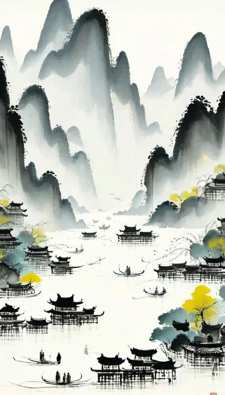 (Abstract主义painting:1.5),author:Wu Guanzhong,author:Wu Guanzhong,Lijiang River mist and rain,Wire,sketch,painting,ink,gongbi,painting,simple,Abstract,sketch,mountain village,modernism