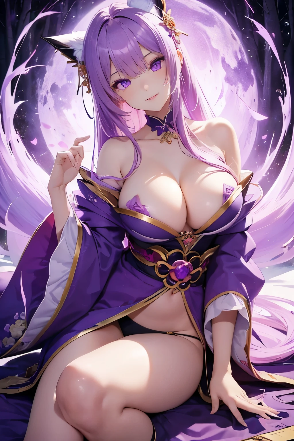 1girl (masterpiece, round_iris, extremely crisp crystalline shiny purple eyes, perfect_anatomy, extremely_captivating_hypnotic_mystic_eyes, ) perfect face, long pink hair, smiling evil, big breasts, kitsune, kitsune tail, japanese fashion, forest background, best quality, 4k