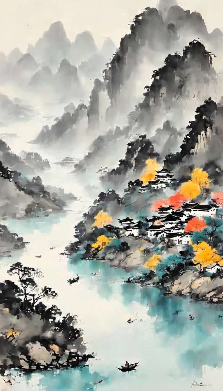 (Abstract主义painting:1.5),Wu Guanzhong,author:Wu Guanzhong,Lijiang River mist and rain,Wire,sketch,painting,ink,gongbi,painting,simple,Abstract,sketch,mountain village,modernism