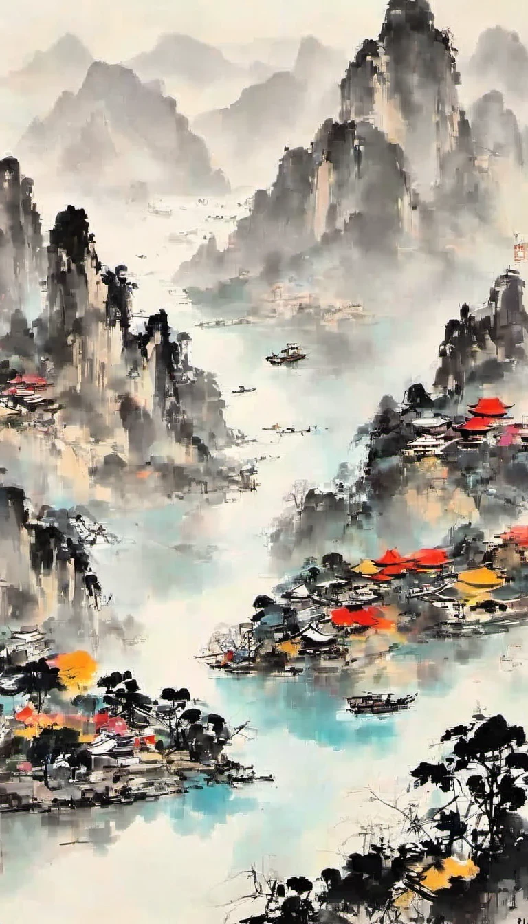 (Abstract主义painting:1.5),Wu Guanzhong,author:Wu Guanzhong,Lijiang River mist and rain,Wire,sketch,painting,ink,gongbi,painting,simple,Abstract,sketch,mountain village,modernism