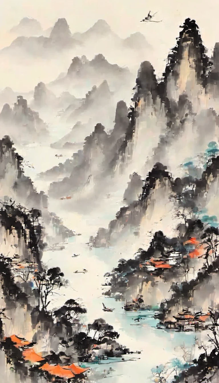 (Abstract主义painting:1.5)，Wu Guanzhong,author:Wu Guanzhong，Lijiang River mist and rain，Wire，sketch，painting，ink，gongbi，painting，simple，Abstract，sketch，mountain village，modernism