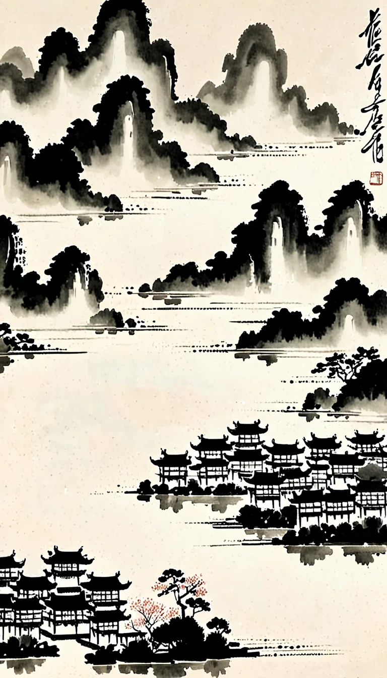 (Abstract主义painting:1.5)，Wu Guanzhong,author:Wu Guanzhong，Lijiang River mist and rain，Wire，sketch，painting，ink，gongbi，painting，simple，Abstract，sketch，mountain village，modernism