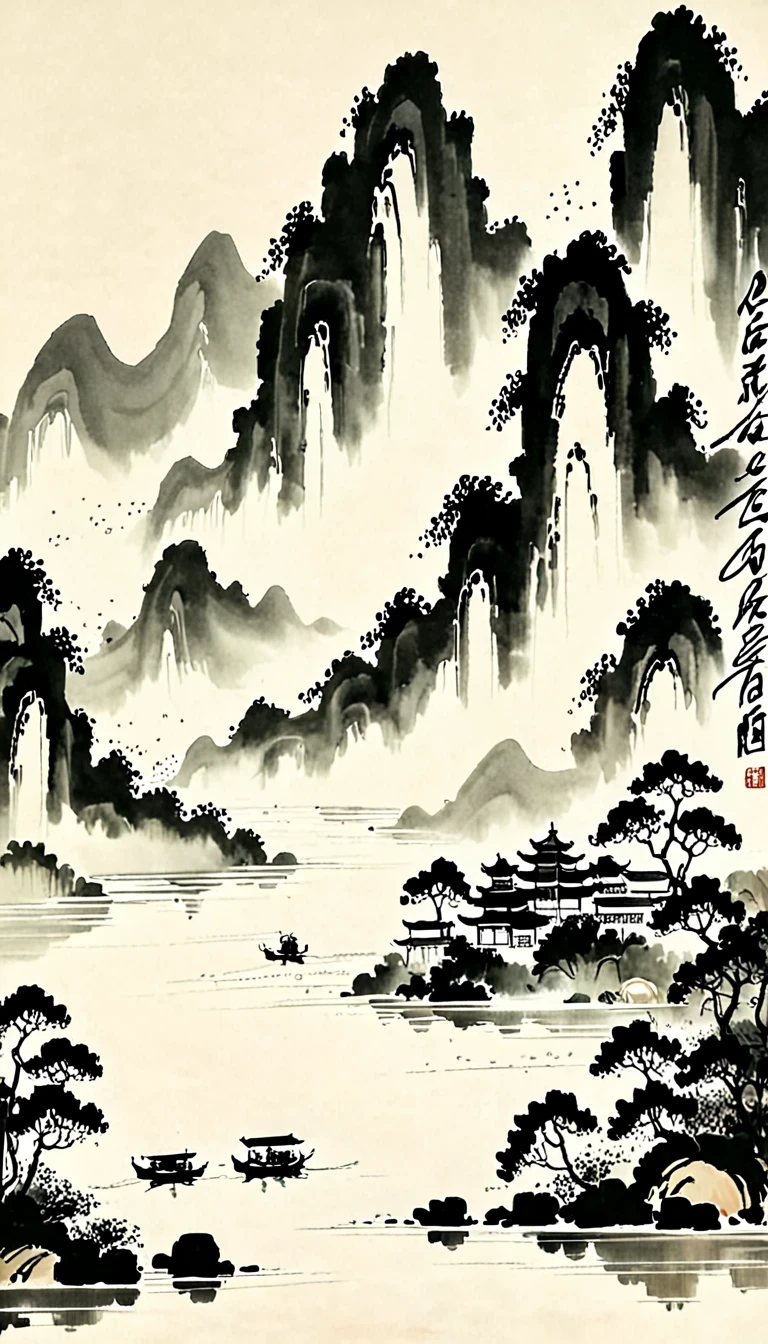 (Abstract主义painting:1.5)，Wu Guanzhong,author:Wu Guanzhong，Lijiang River mist and rain，Wire，sketch，painting，ink，gongbi，painting，simple，Abstract，sketch，mountain village，modernism