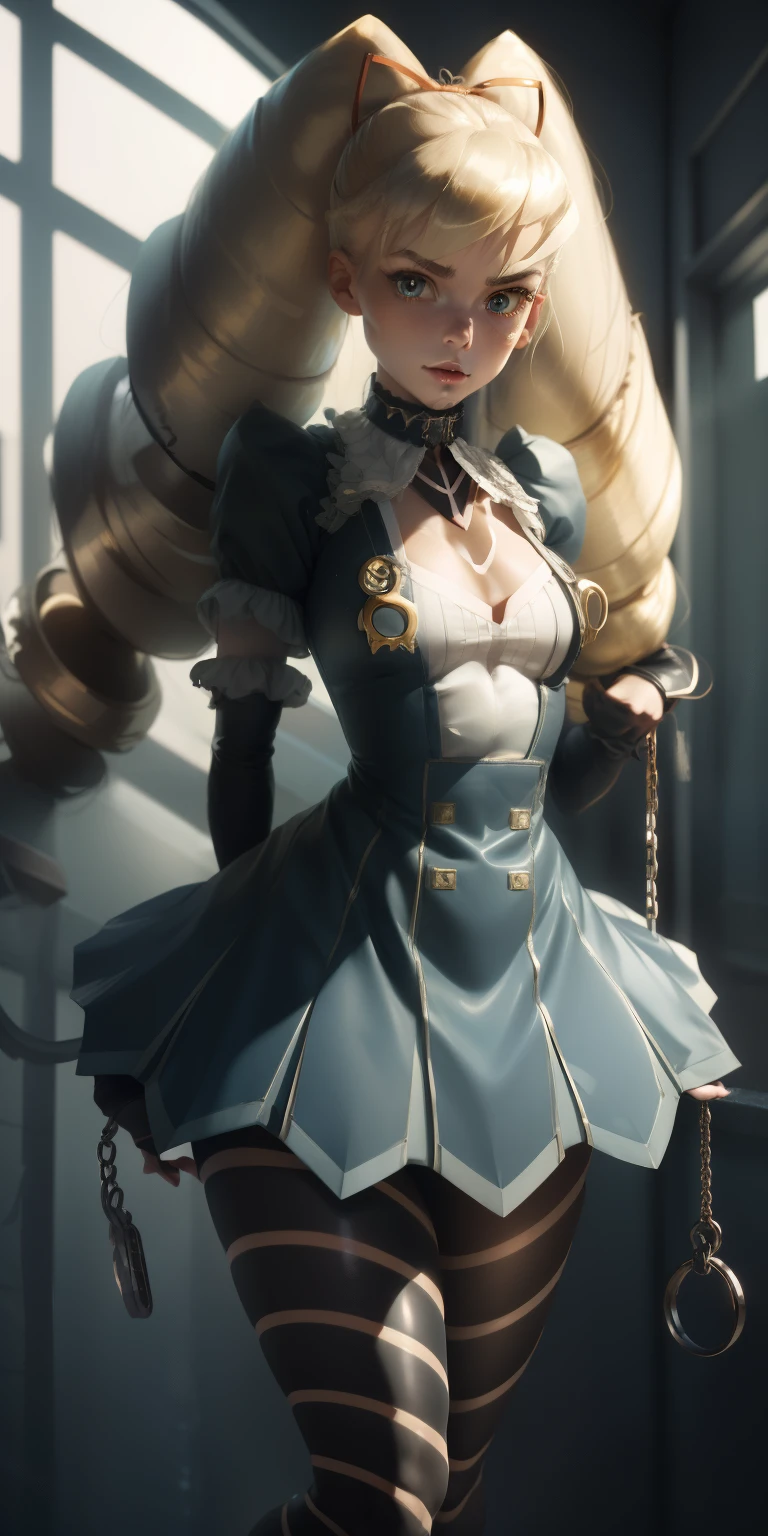 masterpiece,best quality,1girl,mmplatz,twintails,twin drills,dress,blue pantyhose,striped pantyhose, Female, standing, straight, looking at viewer, handcuffs on their hands, with a collar around the neck, slave, ((black choker, shackles on legs and arms)), full lips, detailed eyes, perfect eyebrows,