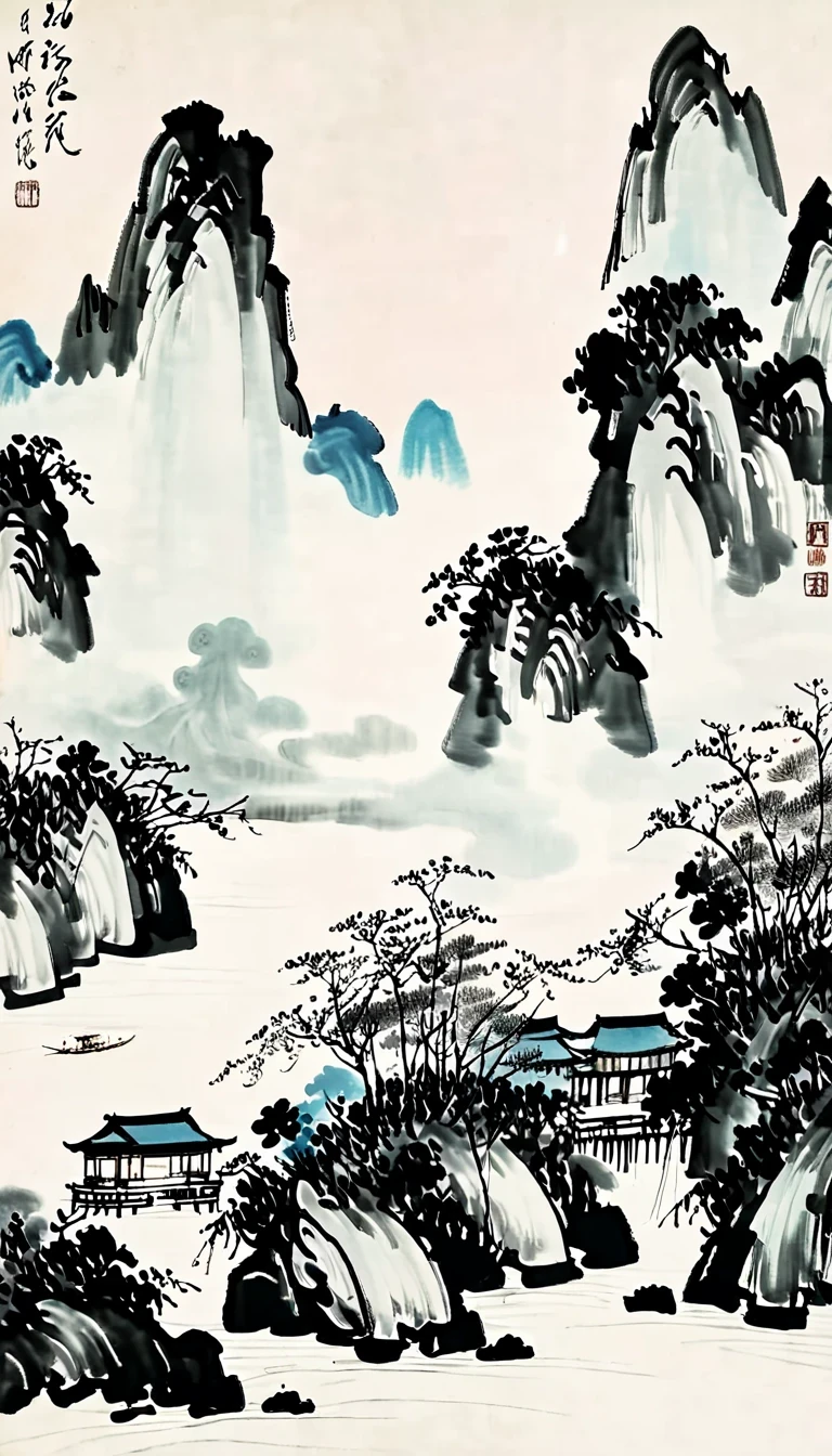 (Abstract主义painting:1.5),Wu Guanzhong,author:Wu Guanzhong,Lijiang River mist and rain,Wire,sketch,painting,ink,gongbi,painting,simple,Abstract,sketch,mountain village,modernism